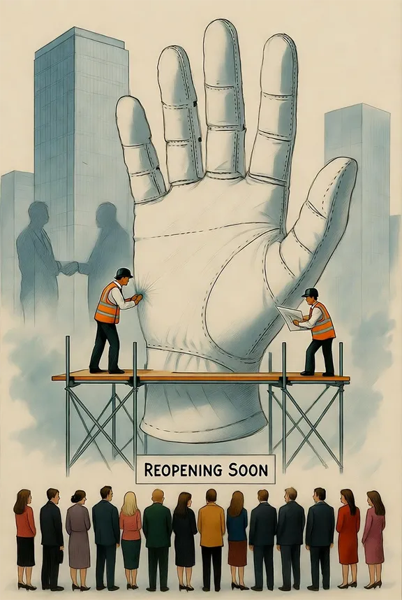 Illustration representing a temporary business pause and system rebuild.