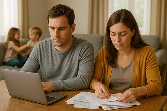 Couple managing bills at home while kids play, illustrating personal injury claim challenges. AI-generated with Canva Couple managing bills at home while kids play, illustrating personal injury claim challenges. AI-generated with Canva