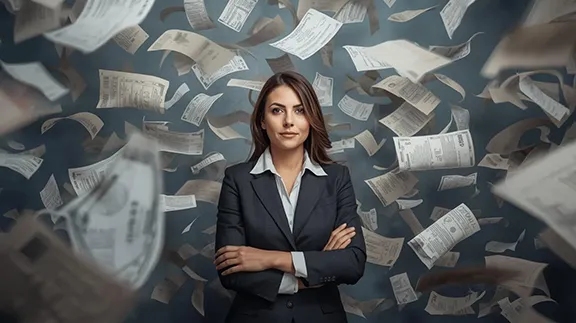 Woman standing calmly in the middle of a document storm. AI-generated with Canva Woman standing calmly in the middle of a document storm. AI-generated with Canva