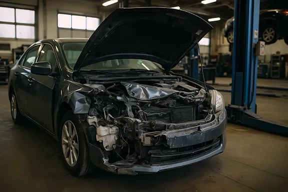 A wrecked vehicle inside a mechanics bay. AI-generated with Canva A wrecked vehicle inside a mechanics bay. AI-generated with Canva